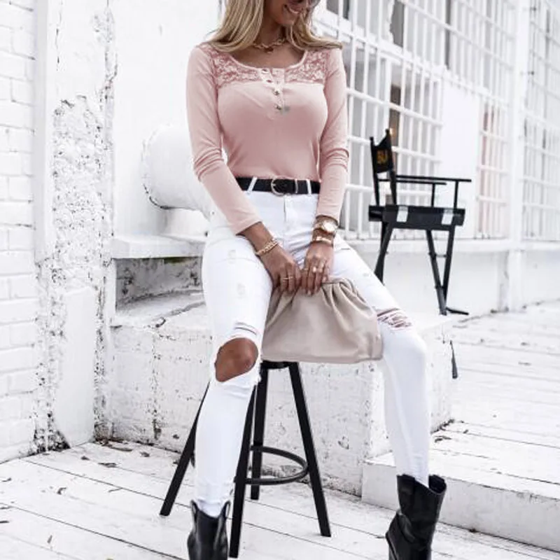 

Fashion Hollow Out Women Blouse Shirt Autumn Elegant Lace O Neck Pullover Tops Office Ladies Casual Long Sleeve Slim Solid Blusa