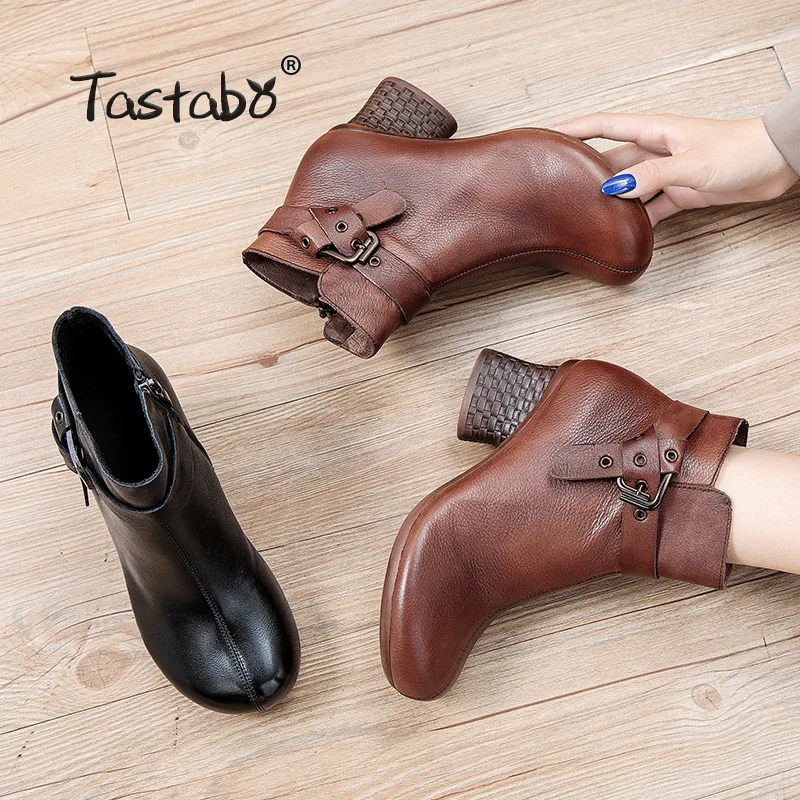 

Real Leather Cow High Heel Ankle Boots Women Shoes Round Toe Thick Heel Zipper Short Boots Ladies Autumn Winter 8709
