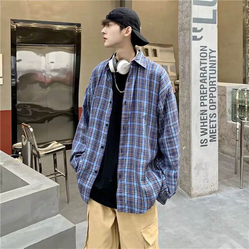 

Men Oversized Cotton Plaid Shirt 2021 Man Hip Hop Patchwork Button Up Long Sleeve Shirt Couple Korean Harajuku Style Clothing