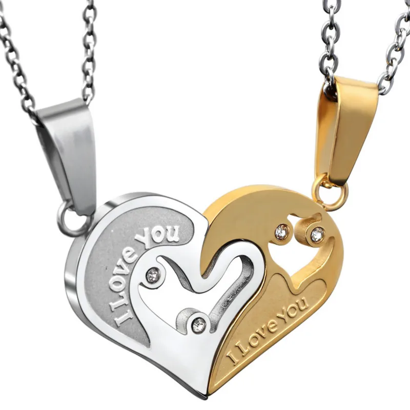 

A pair of titanium steel couple heart-shaped pendant stainless steel Iloveyou necklace pendant