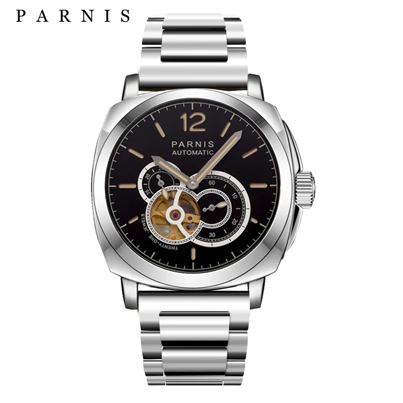 Parnis 44 мм серебристый чехол Мужские автоматические механические часы со скелетом