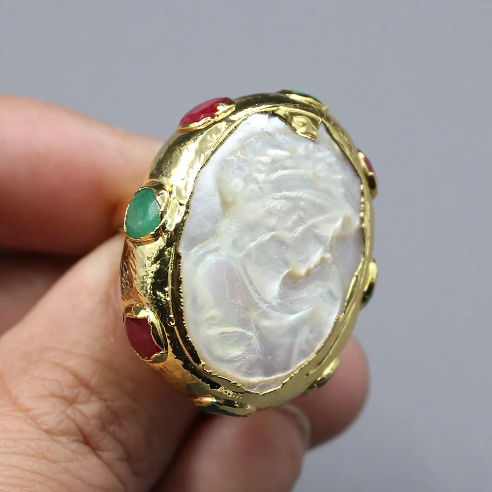 

GuaiGuai Jewelry Natural Shell Pearl Beauty Red Green Jades Gold Color Plated Ring Adjustable Handmade For Lady