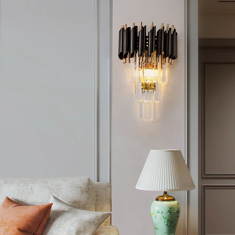 FKL Modern Crystal Black Gold Wall Lamp Postmodern Bedroom wall bedside aisle lamp For Indoor Light Fixtures | Лампы и освещение