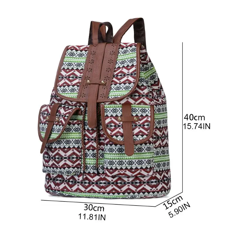 

50LD Vintage Print Canvas Ethnic Backpack for Women Girls School Drawstring Bohemia Travel Rucksack