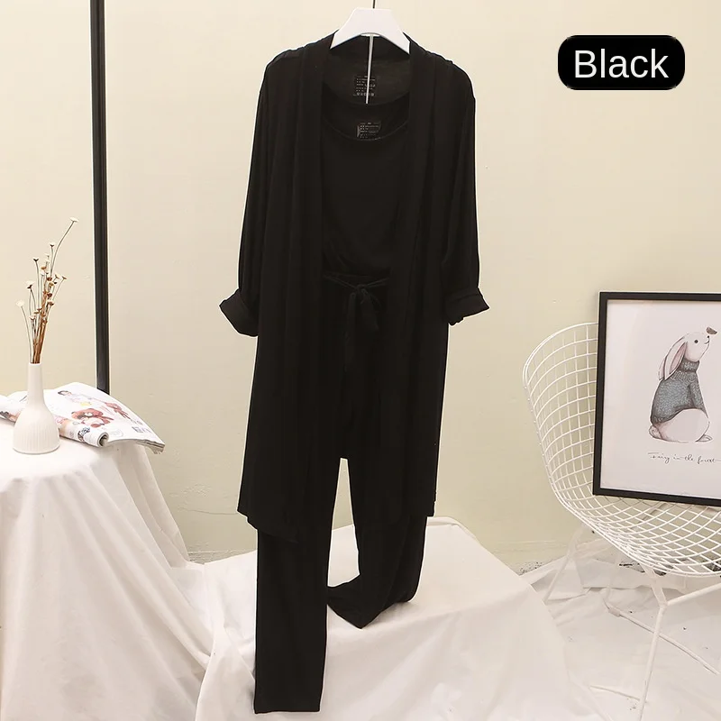 

Modal Pajamas Suits Women Home Wear Fashion Goddess Cardigan+tank Top+pants Three-Pieces Set Outfit Lazy Wind