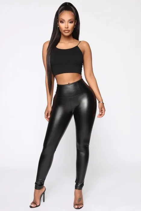 Women's Cool Sexy Stretchy Faux Leather Leggings Solid Color High Waisted Skinny Slim Tummy Control Long Pants | Женская одежда