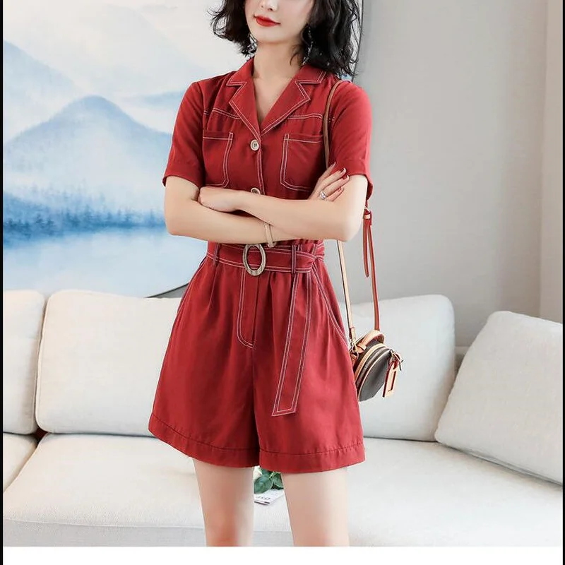 

Wide Leg Shorts Jumpsuit Women 2021 Summer New Fashion Red Short Sleeve Turn-down Collar Overalls Romper Match Sashes Y462