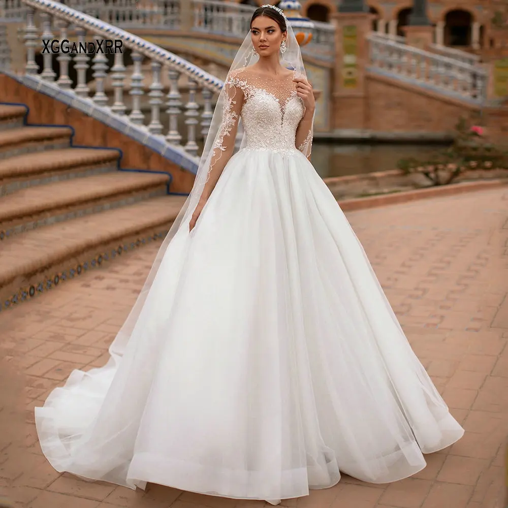 

XGGandXRR трапециевидной формы свадебные платья 2021 с длинными рукавами «Принцесса», платье невесты из тюля Романтический Совок Аппликация Длин...