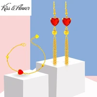 kissflower js13 fine jewelry wholesale fashion girl birthday wedding gift vintage heart 24kt gold earringsbracelet jewelry set