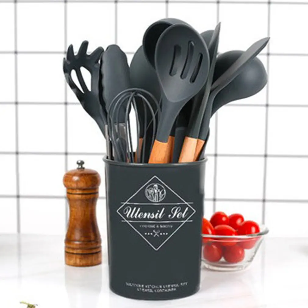 

11-piece Set Of Silicone Kitchenware With Wooden Handle Spoon Shovel Dark Gray Plastic Bucket High Temperature Resistance