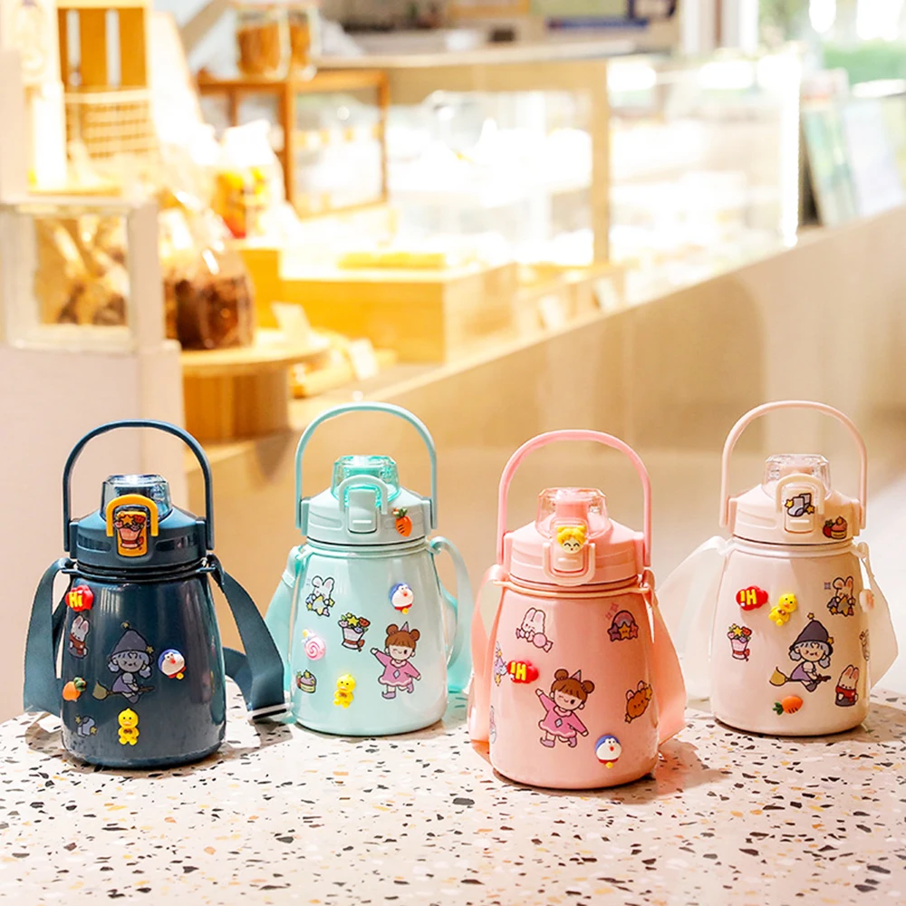 

850ML Stainless Steel Student Thermos Mug Straw Cup Cartoon Stickers Water Bottle Travel Outdoor Sports Big Belly Cup