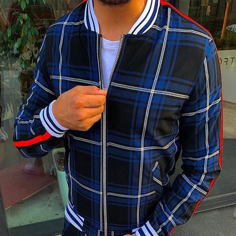 

Autumn Tracksuit Plaid Men Gentleman Zipper Jackets Sweatshirt Fashion High Street Jacket Casual Stand High quality Collar top