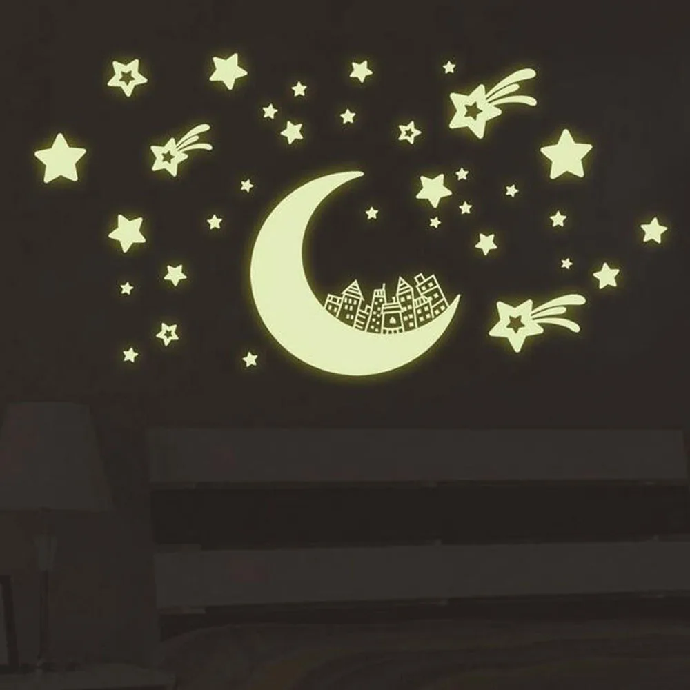Noctilucent Wallpaper Fluorescent Wall Stick Removable Moon Castle Star Smiley Face Glow in Dark Background Wedding | Дом и сад