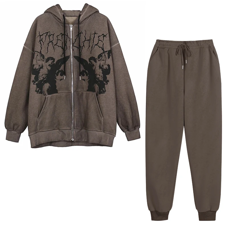 

Autumn Zipper Tracksuit Women Fashion Y2k Angel Dark Print Hoodies 2 Piece Set Casual Winter Fleece Female Sweatshirt Pants Suit
