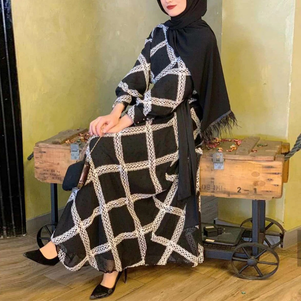 Платье в турецкую клетку в мусульманском стиле, платья на шнуровке, кафтан, Дубай, Абая, хиджаб, djellaba, женское платье макси, женское платье