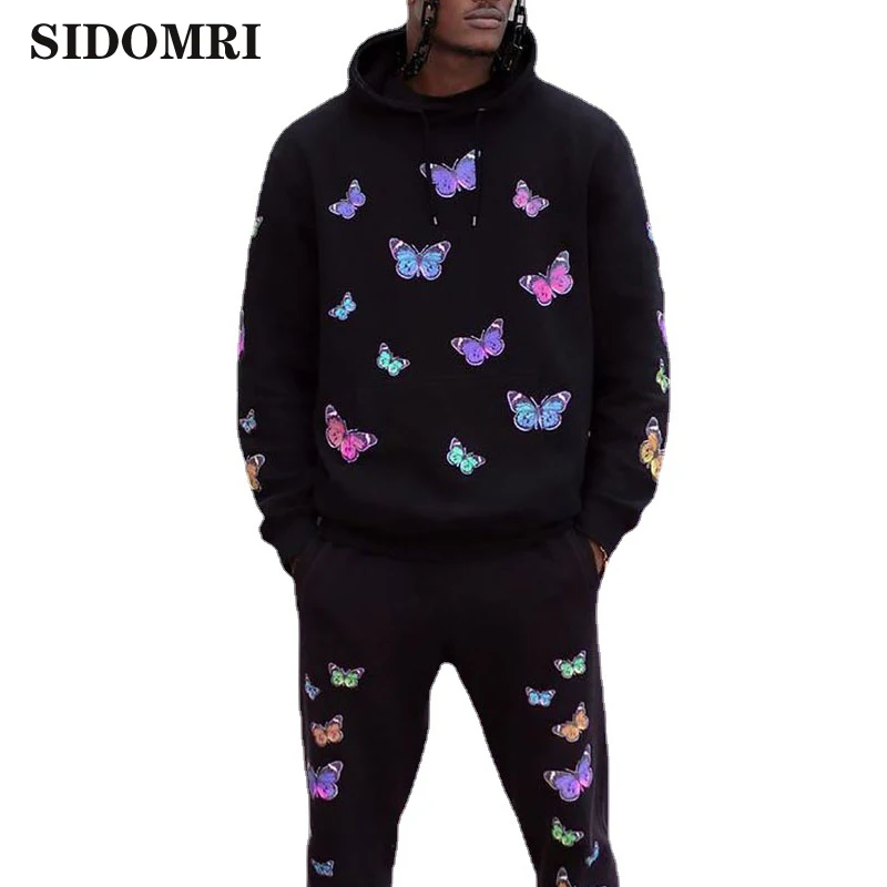 

Спортивный костюм мужской из двух предметов, Белый свитшот и штаны для бега, модный спортивный пуловер с принтом бабочки, на весну