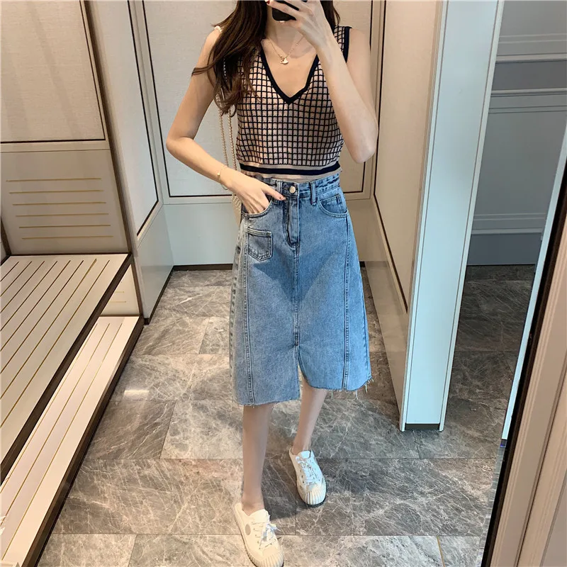 

Джинсовая юбка для женщин, новинка весны, стильная тонкая одноступенчатая юбка средней длины, Сумка с высокой талией, юбка-трапеция на бедра...