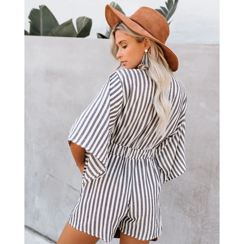 

Women Striped Shorts Jumpsuit Female Summer Short Sleeve Rompers Casual Jumpsuit V-Neck Onesies S