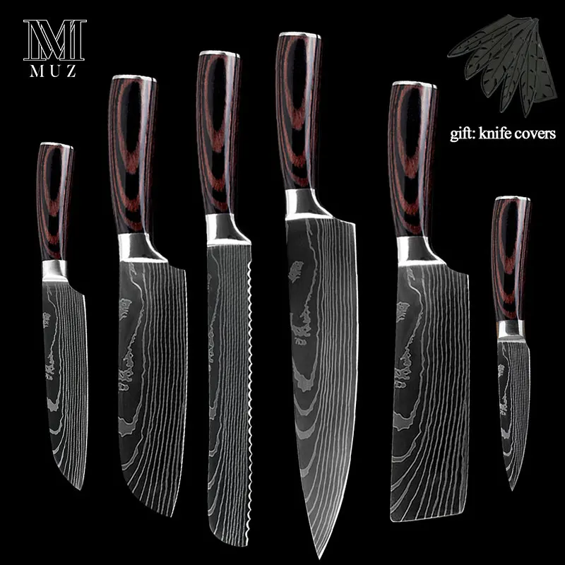 6pcs set Нержавеющая сталь, высокое качество, 8 дюймов, нож шеф-повара, лазерный дамасский сантоку, кухонные ножи, острый Кливер, нож для нарезки, подарок - Цвет: 6pcs set