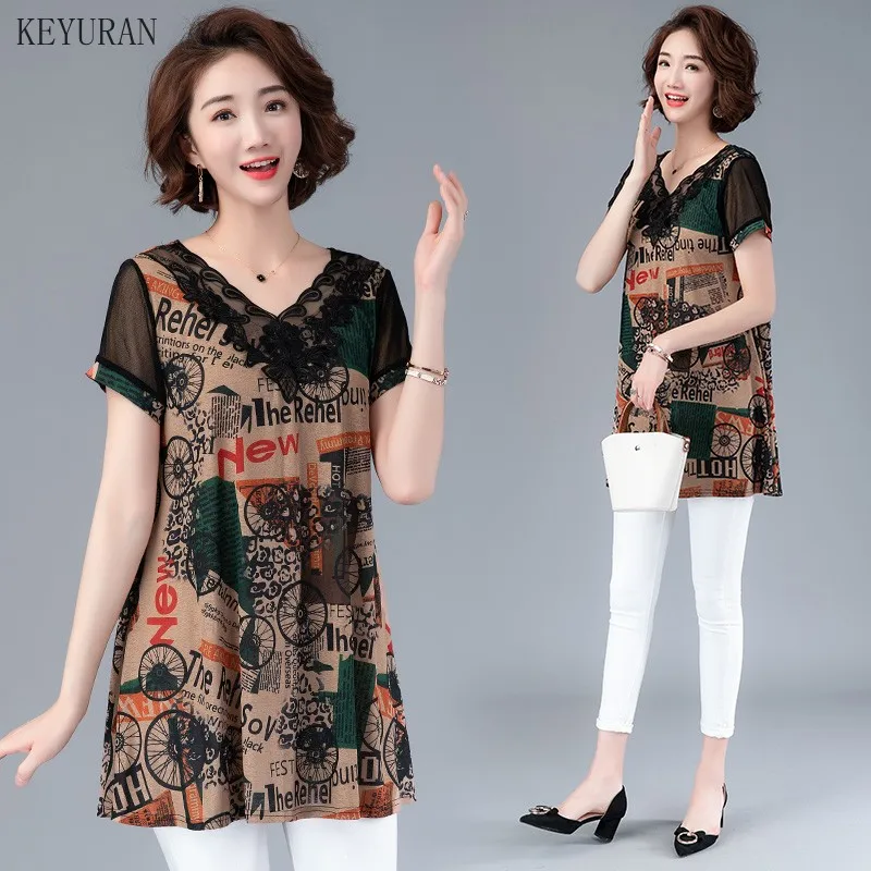Women Summer V-Neck Lace Blouses Multicolor Print Shirts Lady Casual Short Sleeve Female Plus Size Blusas Tops | Женская одежда