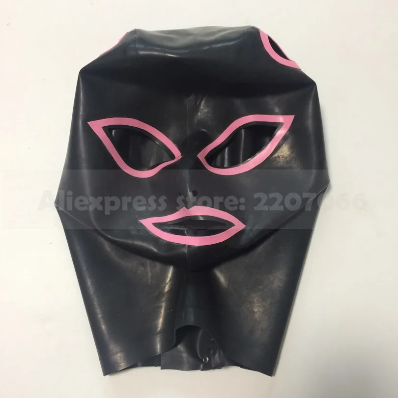 Черный и розовый планки резиновый капюшон из латекса с волосами пройти отверстия