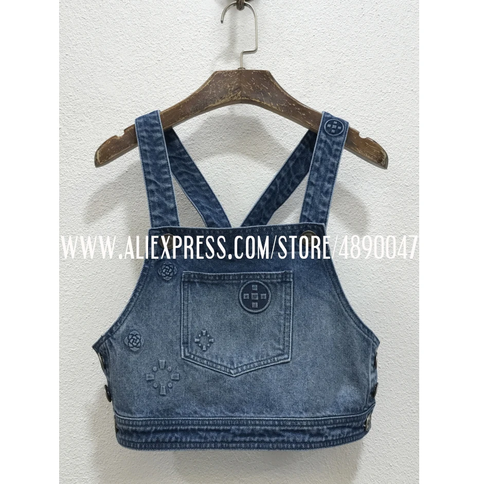 

Embossed three-dimensional camellia embossed short strap denim top with high quality women's cropped vest top