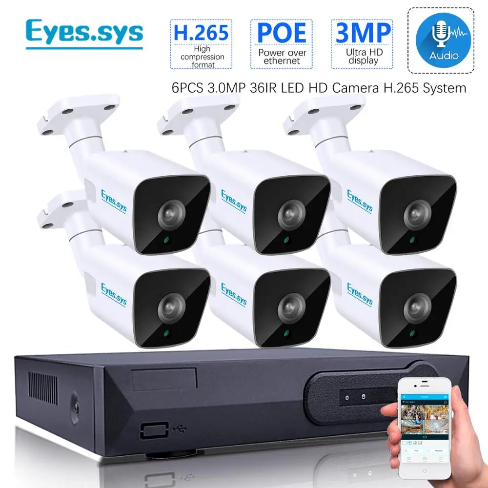 Eyessys H.265 6 шт. 3.0MP 2048*1520P ИК наружная IP камера ночного видения CCTV POE HDMI NVR P2P система