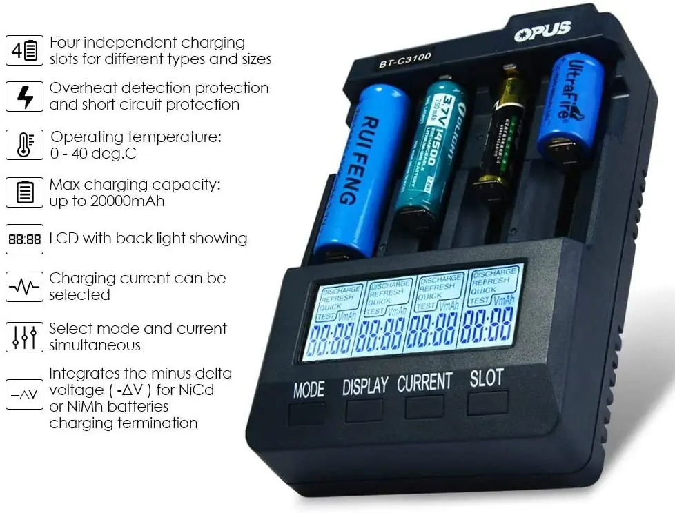 original opus bt c3100 v2 2 digital 4 slots lcd battery charger for li ion nimh nicd aaa aa 18650 10440 17500 free global shipping