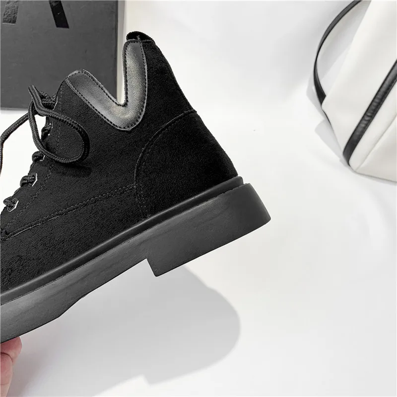 

KATELVADI Comfortable Square Heel Boots Lace-up Fashion Round Toe Handmade Black Flock New Women's Ankle Boots Shoes XYL-003