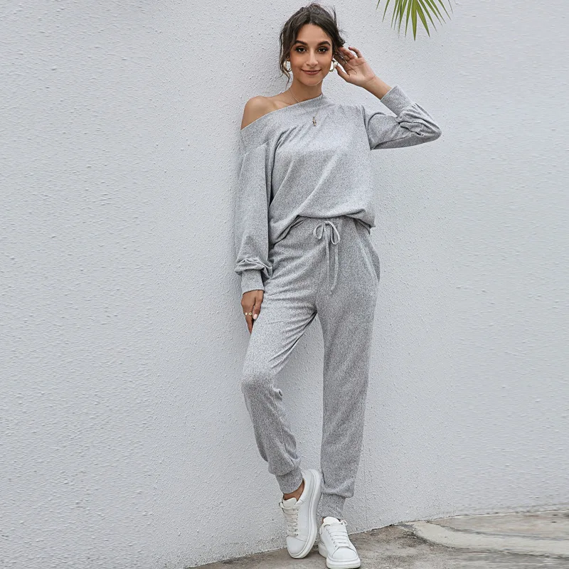 

Women casual suit Solid knitted pullovers and Long pants high quality Spring Summer suits for female home wear clothing loose