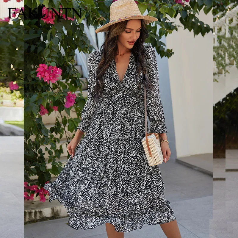 

Women's Dress 2021 Spring Summer Floral Fashion Ruffle Long Sleeve V Neck Holiday Beach Casual Printed Chiffon Dress Vestidos