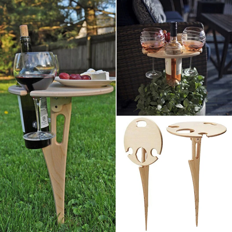 

Outdoor Foldable Table Wooden Round Wine Desktop Portable Picnic Table Collapsible Racks For Camping Beach Travel Garden Decor
