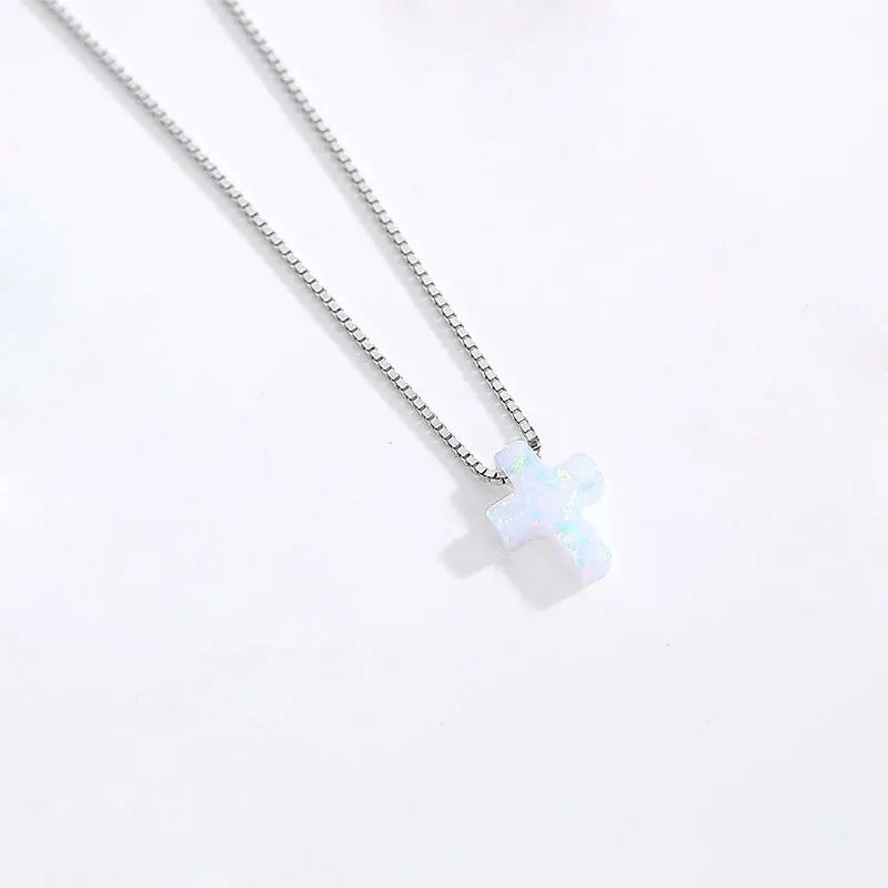 white box chain Ожерелье TONGZHE с опалом, серебряное 925 пробы, женское ожерелье с голубым крестом, ожерелье с подвеской в виде Иисуса из синтетического опала для женщин и 30 - Окраска металла: white box chain