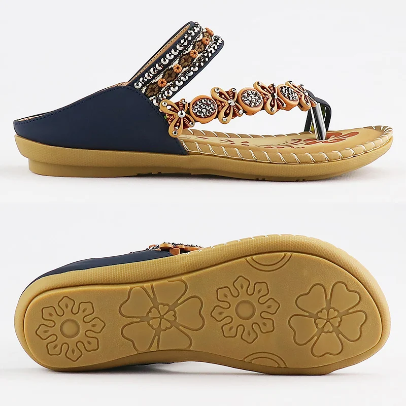 Luxury Sandals Ladies 2022 Toe Ring Comfortable Print Slides Women Designer Crystal Retro Female Summer Shoes Holidays Bohemian