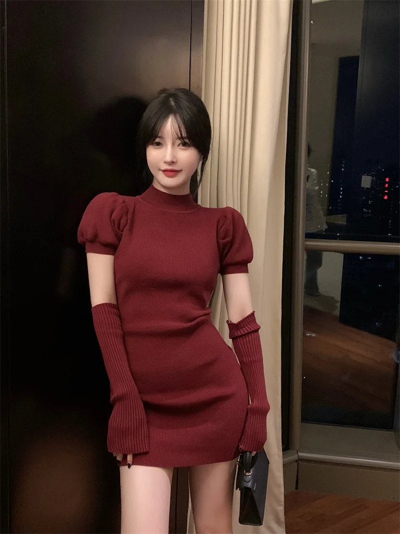 

BULOCHOVA 2022 New Spring Designer Knitted Sweater Mini Dress Women Pullovers Sexy Pack Hip Slim Bottoming Dresses Vestidos