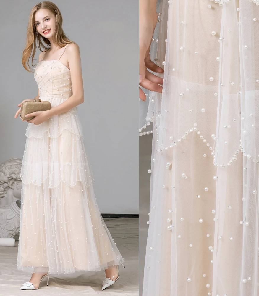 Множество жемчужин! Вечернее платье цвета шампанского из тюля длиной до