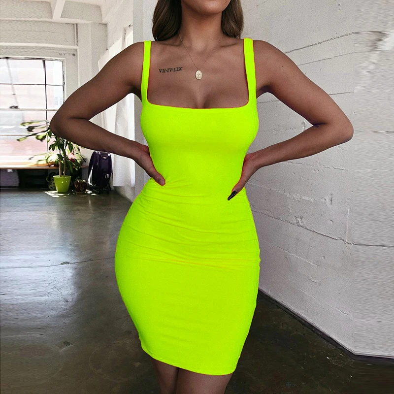 

Green Dress Mini Bodycon Women Summer New Fashion Dress Backless Sexy Wrap Neon Sleeveless Dress Club Party