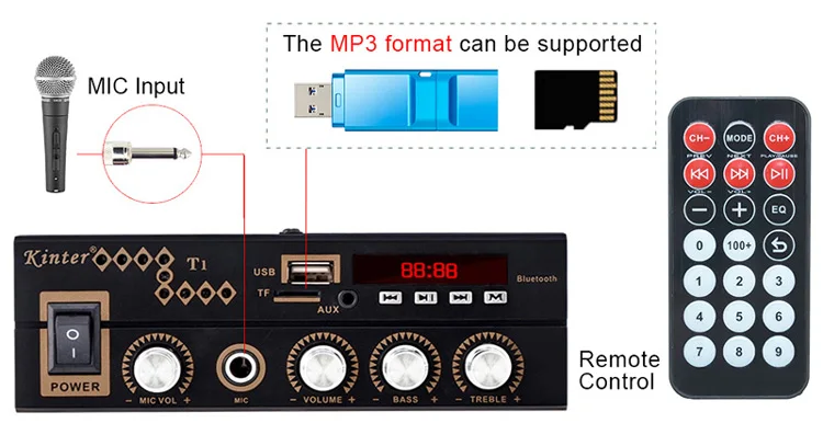 Kinter T1 аудио усилитель воспроизведения MP3 в USB TF карта имеет fm-радио и микрофонный вход 220-240 в источник питания мини размер металлический корпус