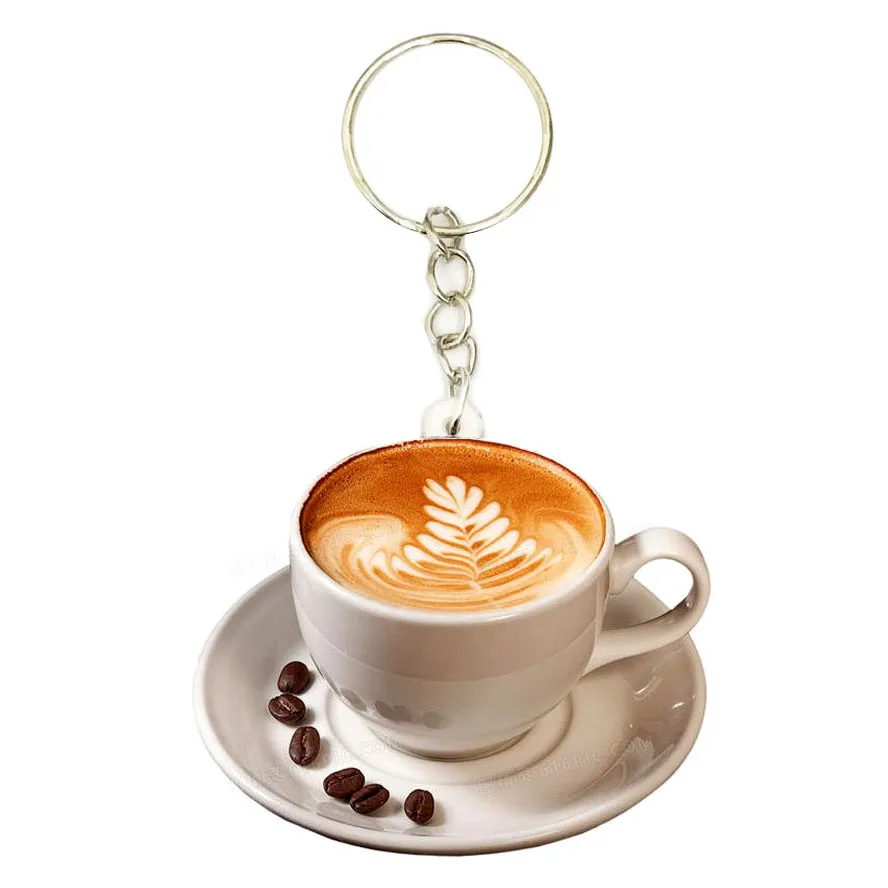 Acrylic Vintage Cappuccino Flower Cup Keyring Women Keychains Key Ring Boyfriend Gift Keyrings Stainless Steel Coffee keychain | Украшения