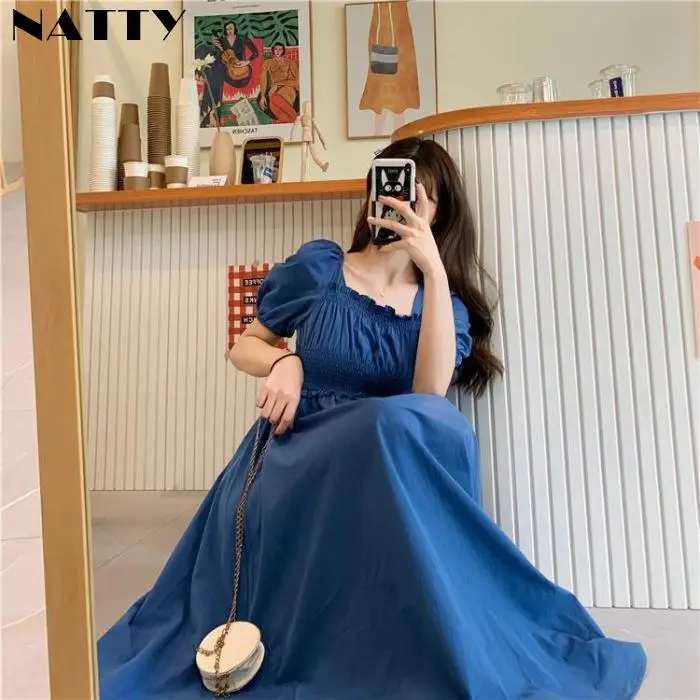 

Summer Reversing Ancient Ways Palace Style Square Collar Puff Sleeve To Accept Waist Hepburn Long Skirt Temperament Woman Dress
