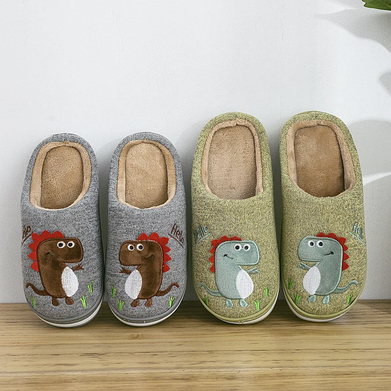 Зимние новые детские хлопковые тапочки домашние с динозавром из мультфильма