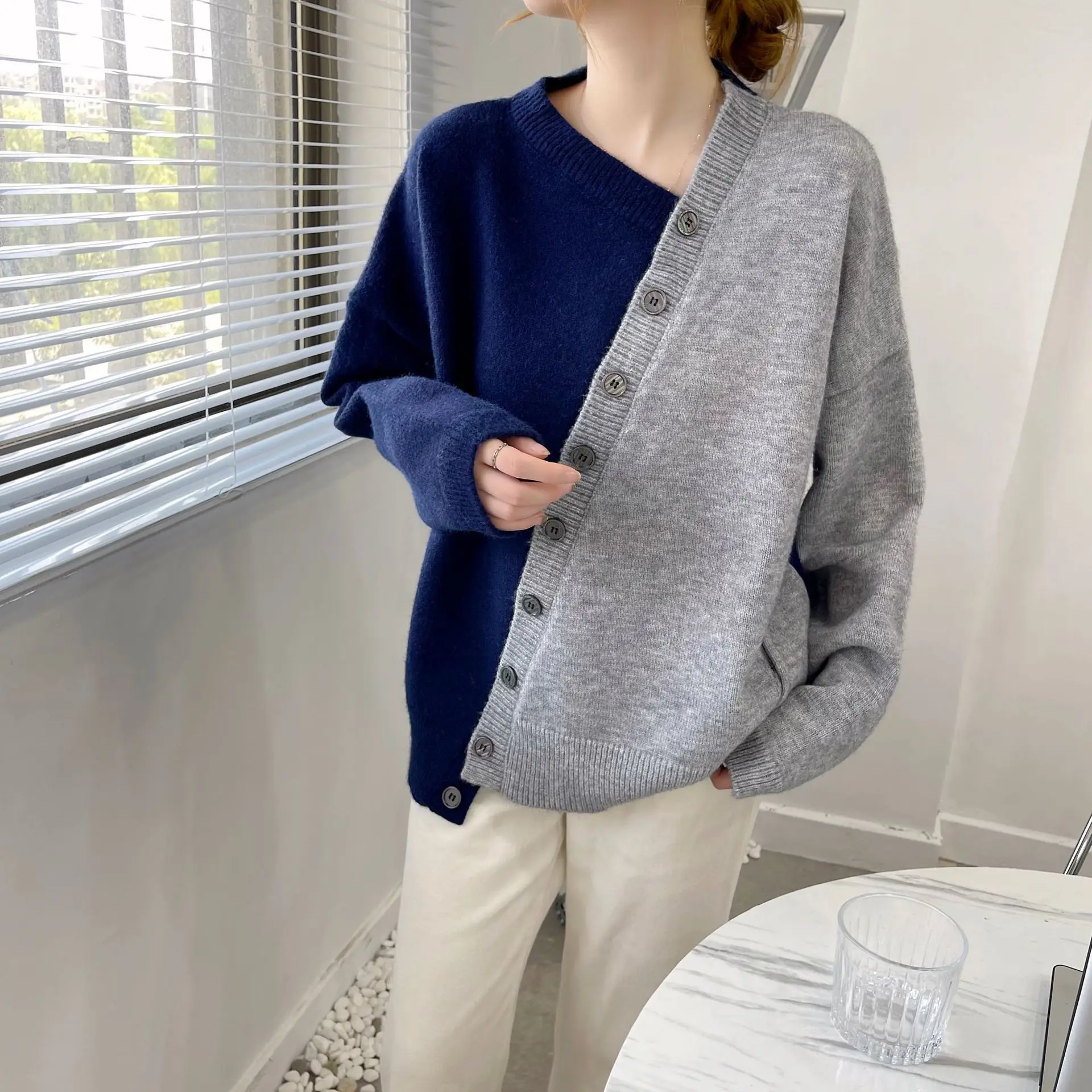 

Женский свитер с косыми пуговицами, свободный тонкий свитер с длинным рукавом, модель SDX0254 в Корейском стиле, 2021