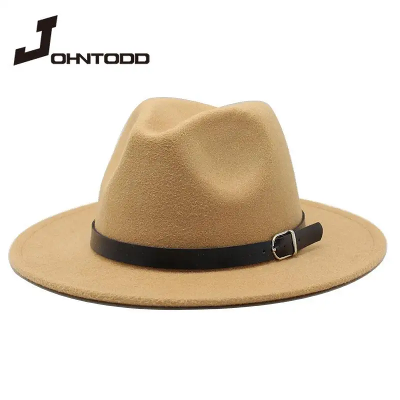 

2021 Ladies Men's Wool Fedora Hat with Leather Ribbon Gentleman Elegant Ladies Winter Autumn Wide Brim Jazz Church Panama Hat