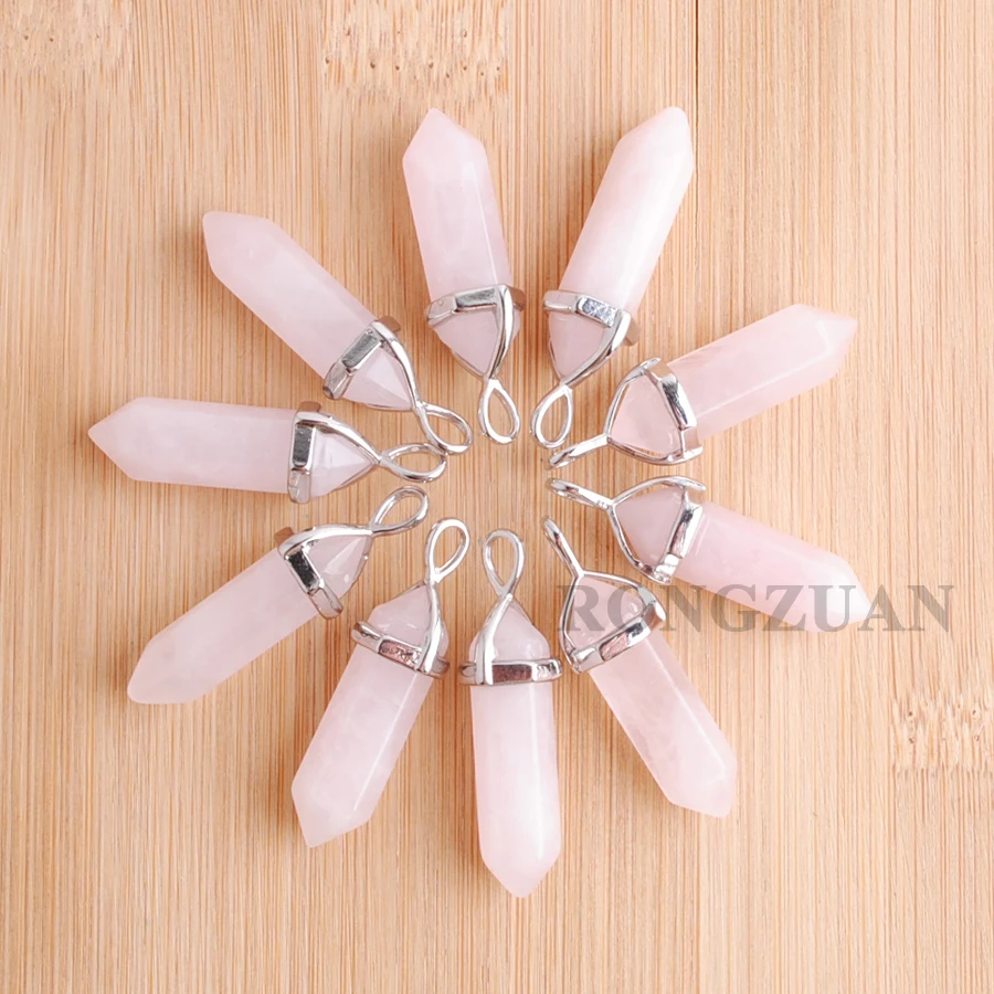 

RONGZUAN Natural Rose Quartzs Gem Stones Hexagonal Pendant Beads For Necklaces Earrings Jewelry Making wholesale 10pcs TN3032