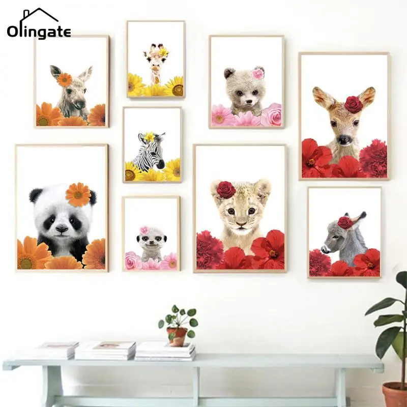 

Flower Lion Tiger Zebra Panda Giraffe Raccoon Canvas Painting Animals Posters and Prints Wall Art Pictures for Kids Room Decor