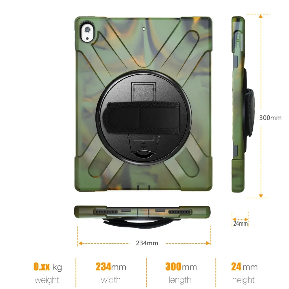 Чехол для планшета для iPad Pro 12,9 дюйма 3rd Gen военный сверхмощный вращающийся чехол с ремешком для A2014 A1895 A1876