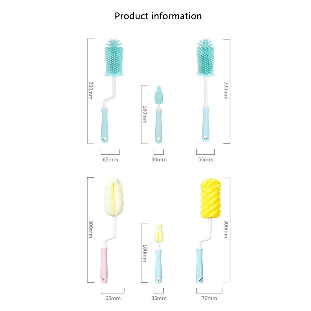 

Bottle Brush 360 Rotation Baby Pacifier Cup Nipple Cleaning Brushes Set Food Grade Watering Silicone/Sponge Handheld Soft Head