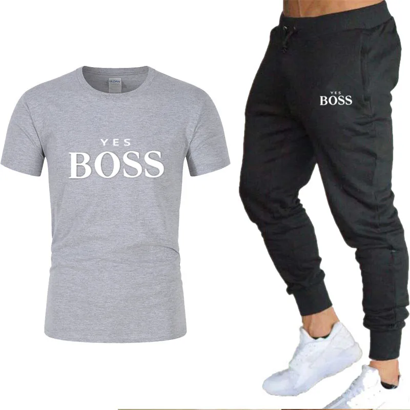 

Men's Leisure Brand Tracksuit Set Short Sleeve T-shirt and Pants Summer Breathable Cotton 2 Piece Set 2021