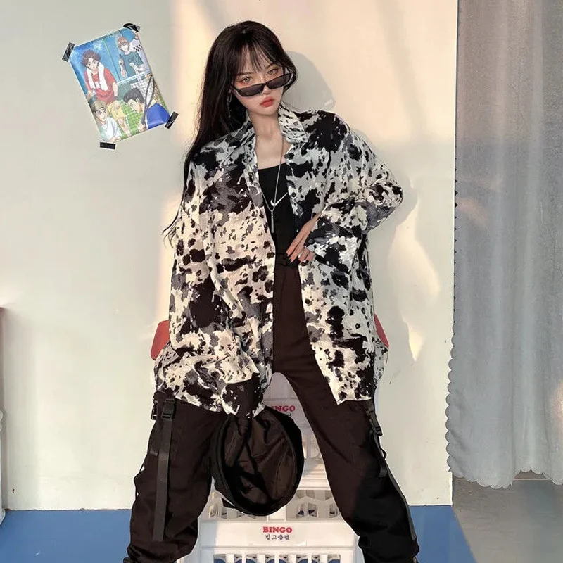 Женская блузка оверсайз с длинным рукавом камуфляжная Свободная рубашка принтом