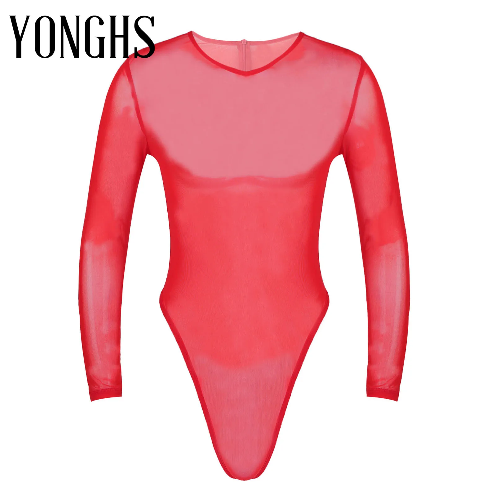 

Mens Erotic Lingerie See-Through Mesh Bodysuit Sexy Sleepwear Long Sleeve High-Cut Thongs Back Zipper Leotard Slim Fit Jumpsuit